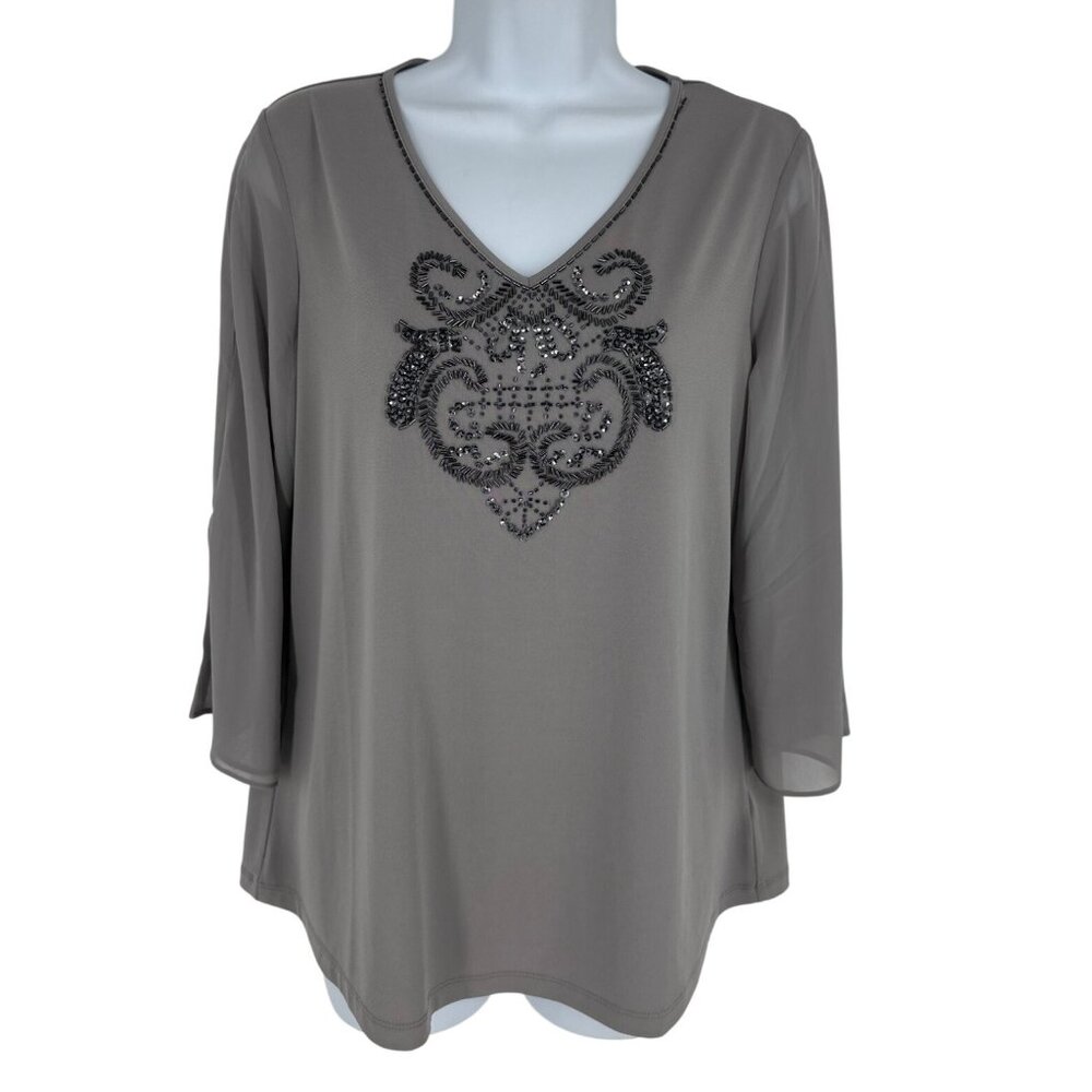 Susan Graver Artisan Womens S Gray Embellished V-Neck 3/4 Sleeve Chiffon Blouse